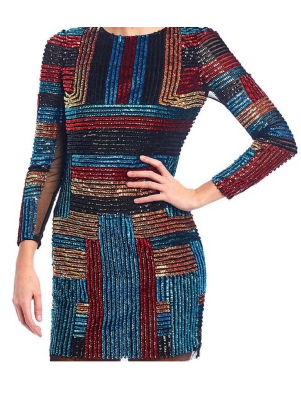 NWT Size 12 Aidan Mattox Long Sleeve Patchwork Sequin Mini